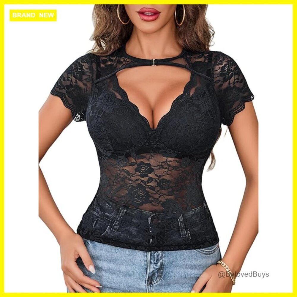 Sheer Mesh Lace Top Short Sleeve Crew Neck Floral Y2K Blouse